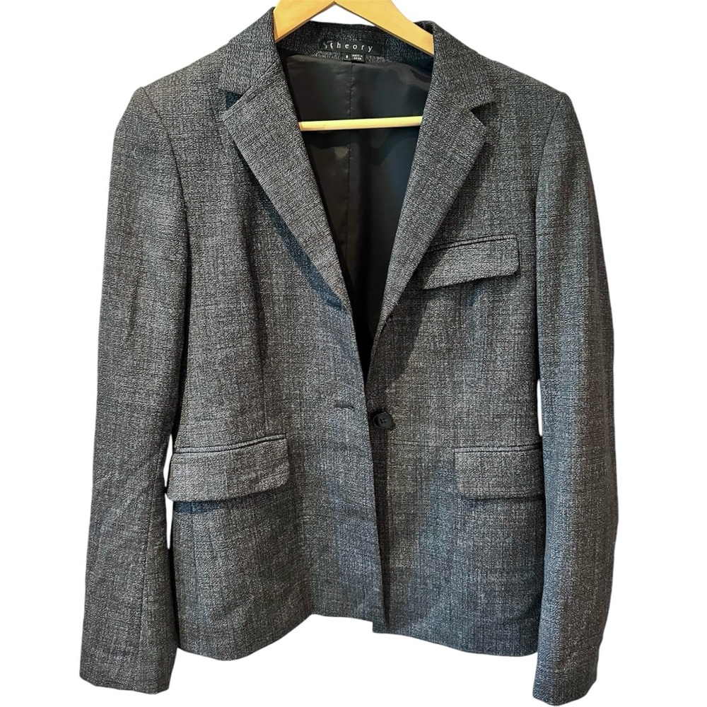 Theory Charcoal‎ Gray Tweed Blazer 100% Wool Pockets Size 8
